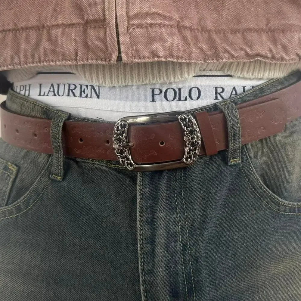 Y2K Style Brown American Western Floral Design Belt